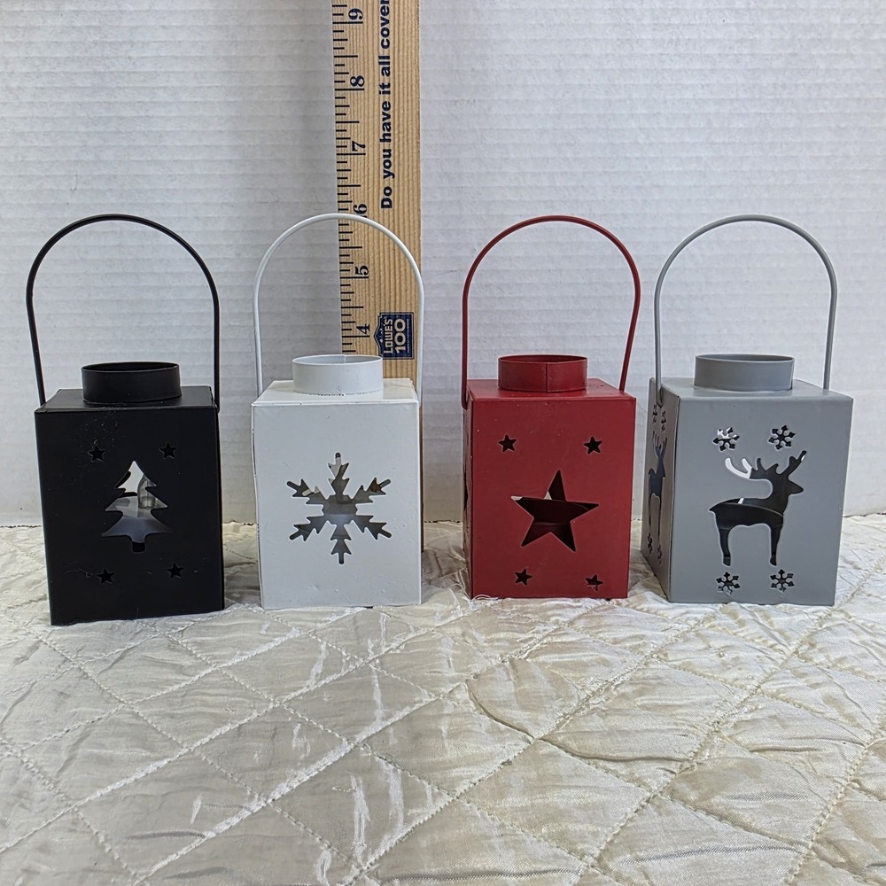 4 Festive Christmas Cutout Luminary Metal Candle Holders For Tea Light Tree Star